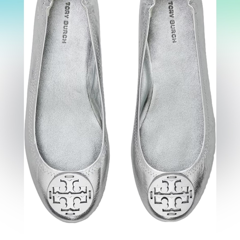 Tory Burch Silver Loafers with Medallion Detail